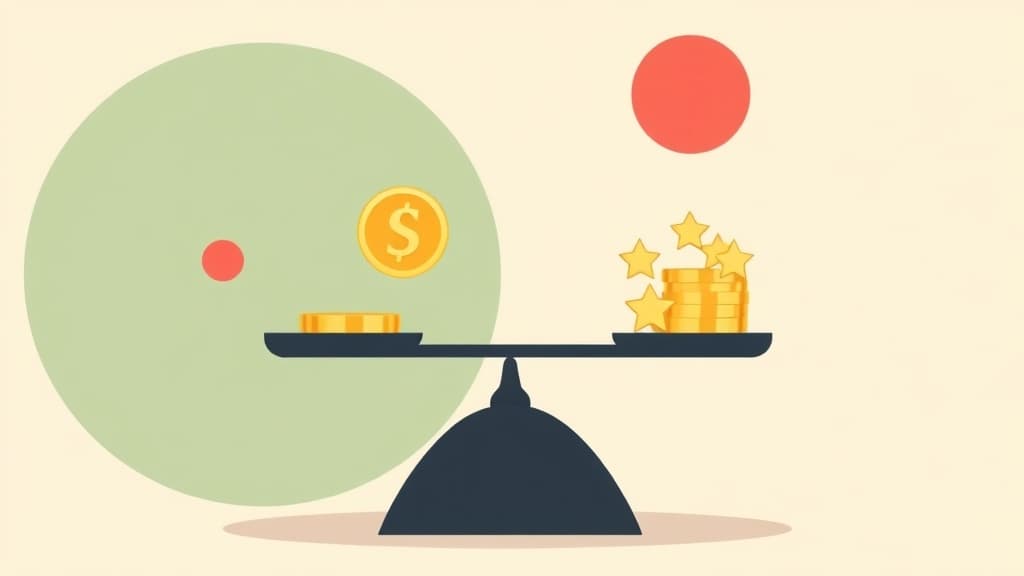 A balance scale with a gold coin on one side and a stack of stars on the other