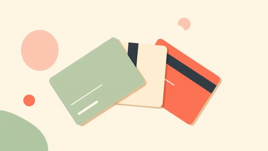 Three stylized credit cards in sage, cream, and coral arranged in a fan